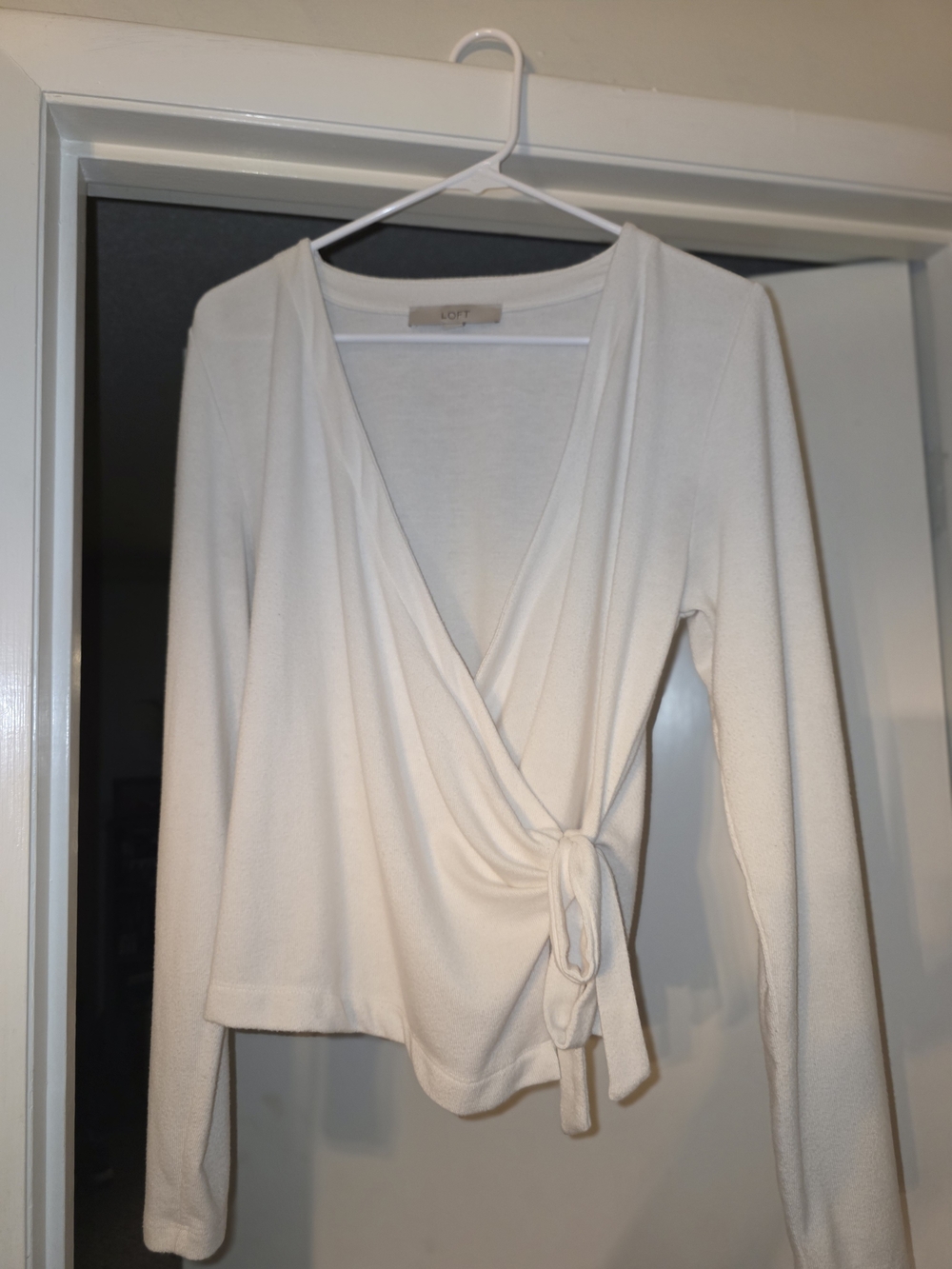 LOFT Cream Wrap Tie Long Sleeve Top